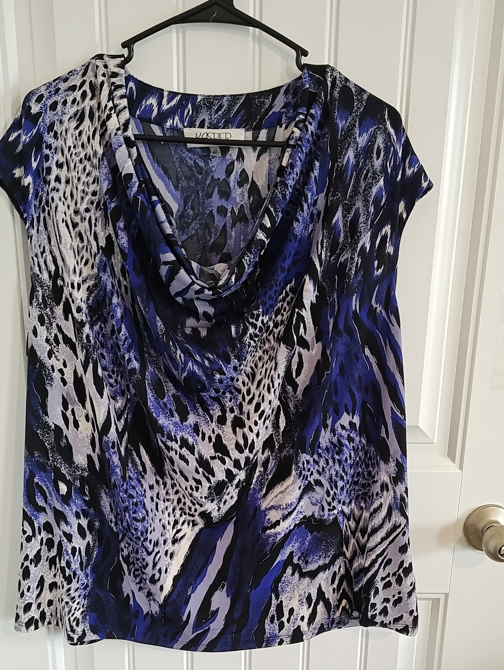 Kasper Women Blue Black Animal Print Cowl Neck Sleeveless Blouse Top 11JWT2A0394